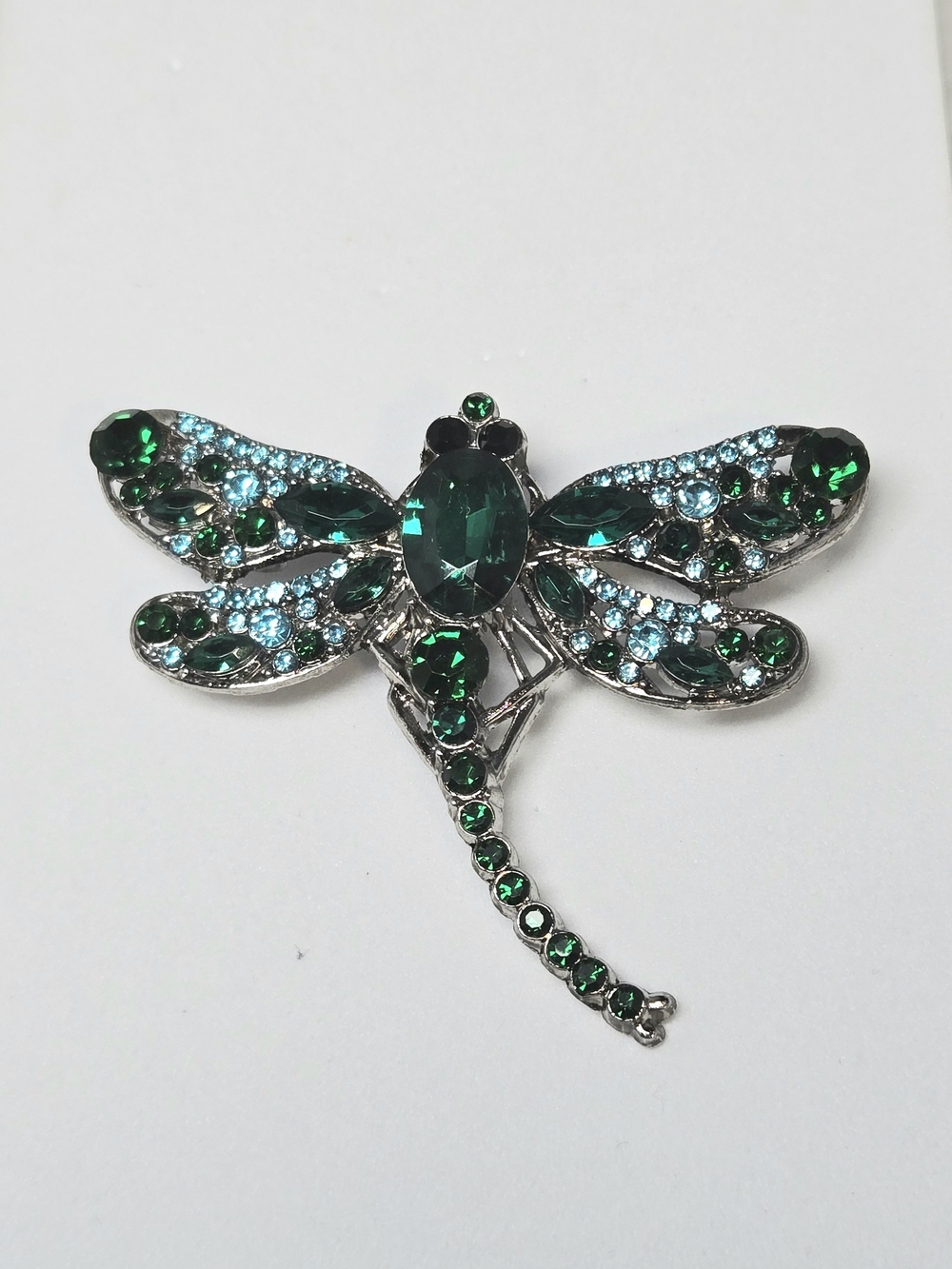Emerald Green Dragonfly Brooch Silver Rhinestone Crystal Insect Statement Pin - Picture 2 of 6